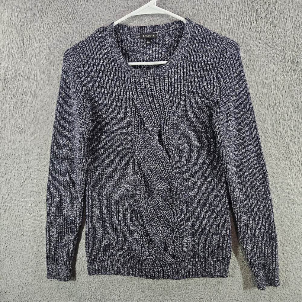 Talbots Womens XS Navy Marled Cotton Cable Twist Crew Neck Sweater Pullover